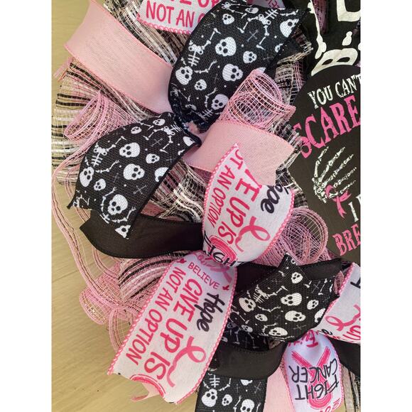 Halloween Breast Cancer Awareness Wreath – Skeleton “You Can’t Scare Me” Decor - Picture 5 of 10